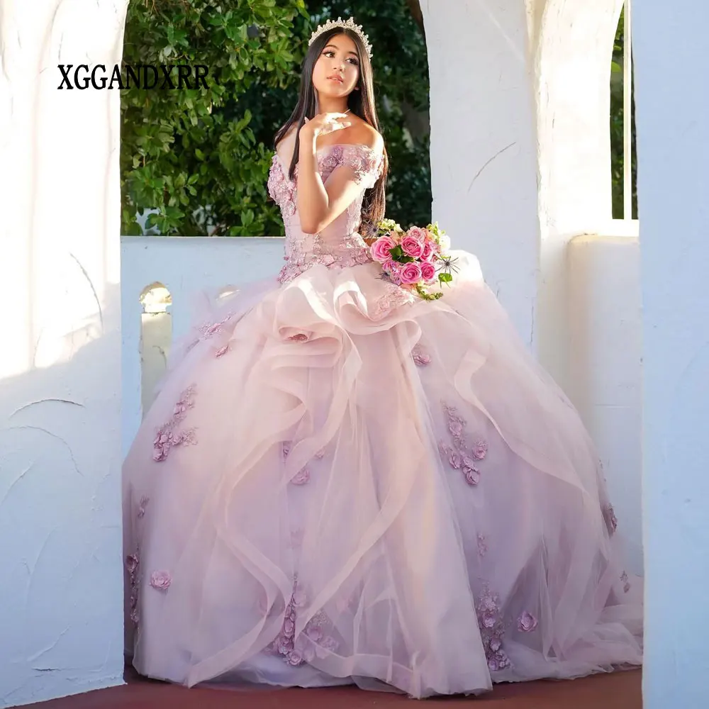 

Женское розовое платье для Quinceanera 2024 милое 3D цветочное кружевное платье принцессы с оборками бальное платье милые 15 Vestidos De XV годы женское платье