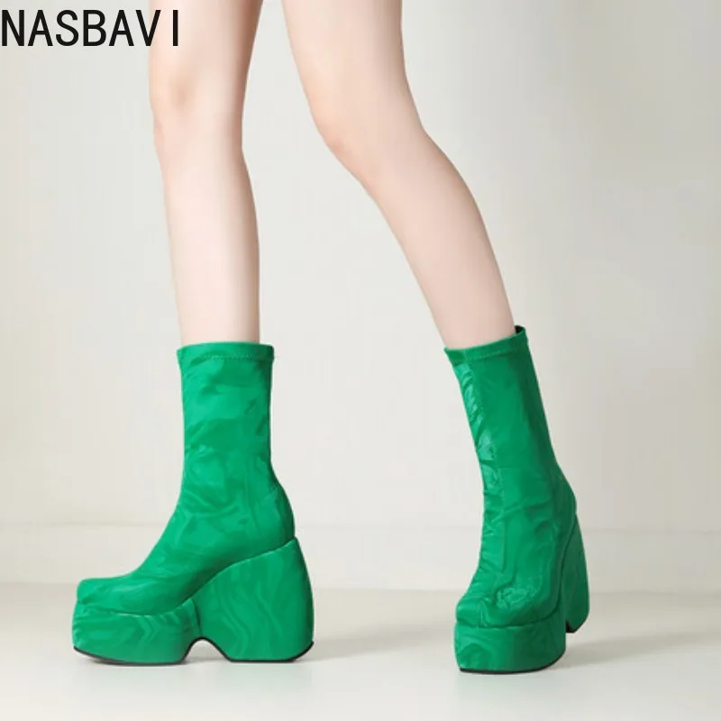 NASBAVI Black Blue Green Fashion Heighten Wedges High Heels Mid-calf Boots Women Thick Platform Slip on Stovepipe Short Booties - Image 3