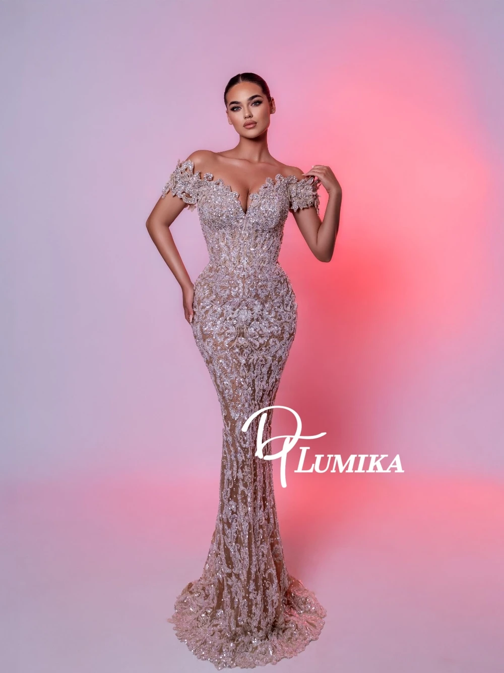 

DTLumika Luxury Off Shoulder Deep V 3D Lace Applique Mermaid Evening Dress Beaded Sequined Formal Gown Elegant Long Prom Dress