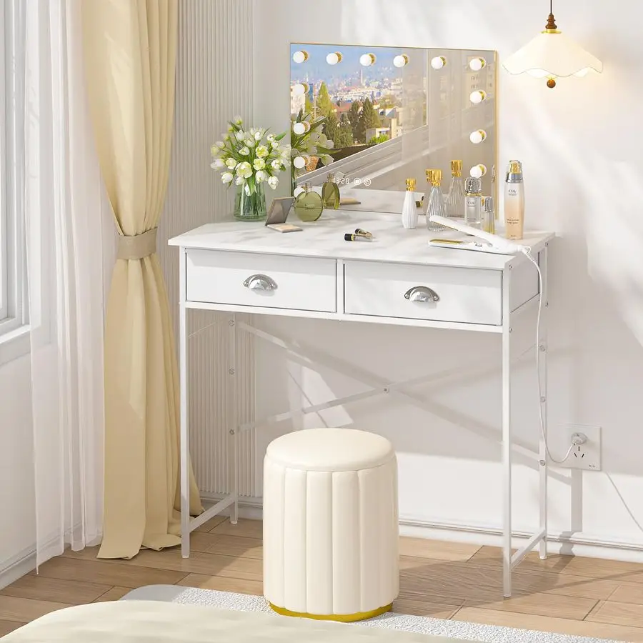 

Vanity Desk No Mirror for Kids Bedroom, 31.5 Inch Vanity Table with Drawers, Makeup Vanity Desk for Narrow Spaces, White