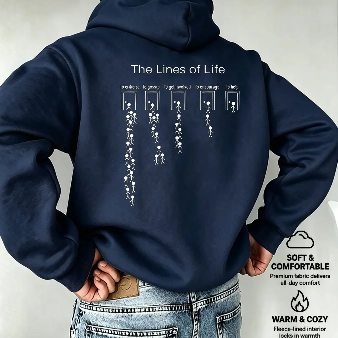 2026 Autumn/Winter Men The Lines of Life Stick Figure Graphic Hoodie Inspirational Text Back‑Print Casual Pullover Sweatshirt