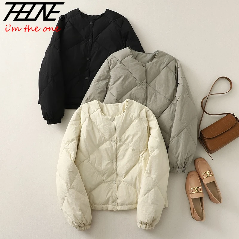 THHONE Winter Jackets for Women 2025 Warm Parkas Gingham O Neck Long Sleeve Solid Basics Casual Loose Clothes Top Coat Outerwear