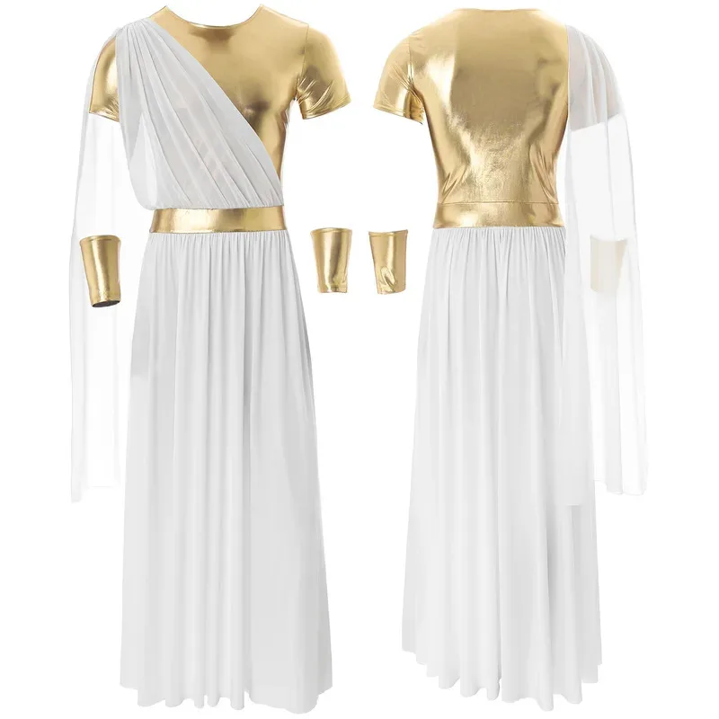 

Mens Halloween Ancient Greek Zeus God Costumes Rome King Gladiator Warrior Toga Cosplay Dress Up Short Sleeve Robe with Cuffs