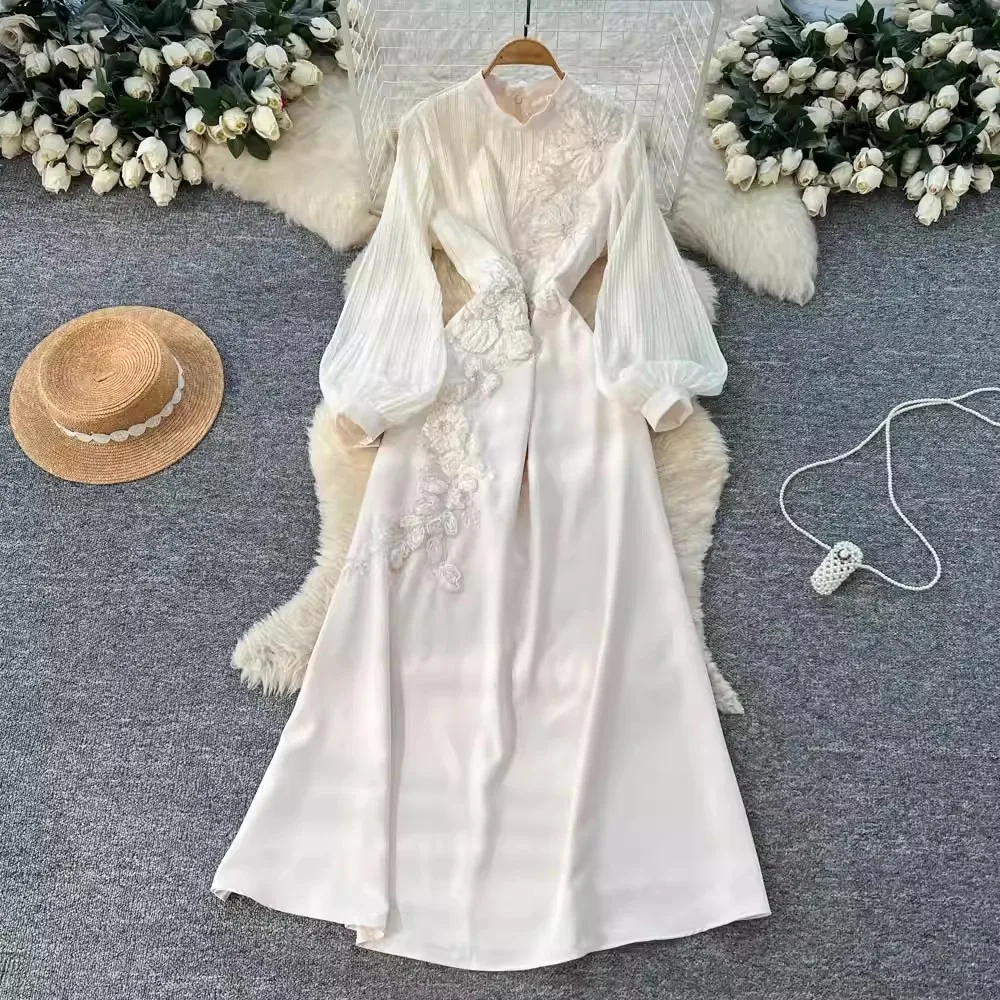 French Style Flounce Sleeve Floral Embroidered Long Dress High Waist Slim A Line Dresses Spring Summer