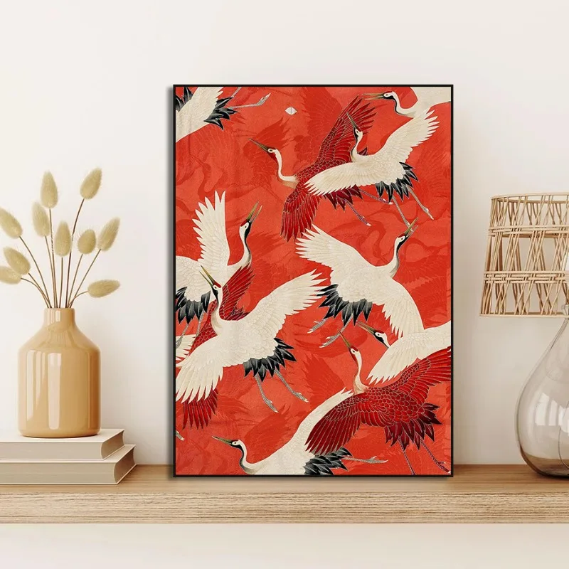 Vintage Japanese Style Yellow Crane Flying Birds Flower Sun Art Posters Canvas Painting Wall Prints Pictures Room Home Decor