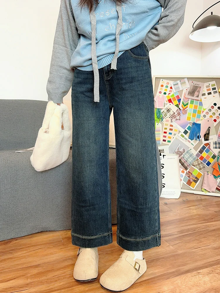 

Женские джинсы с высокой талией, эластичные, прямого кроя, больших размеров, осенне-зимние, с V-образным кружевом