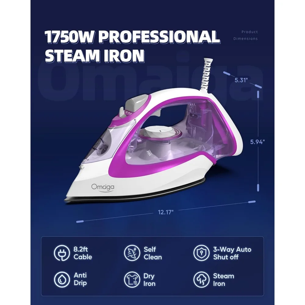 1750 وات مع لوحة قاعدة مطلية بالسيراميك سريعة التسخين، مكواة ملابس مع قرص ترموستات دقيق قابل للتعديل، تنظيف ذاتي، إيقاف تلقائي