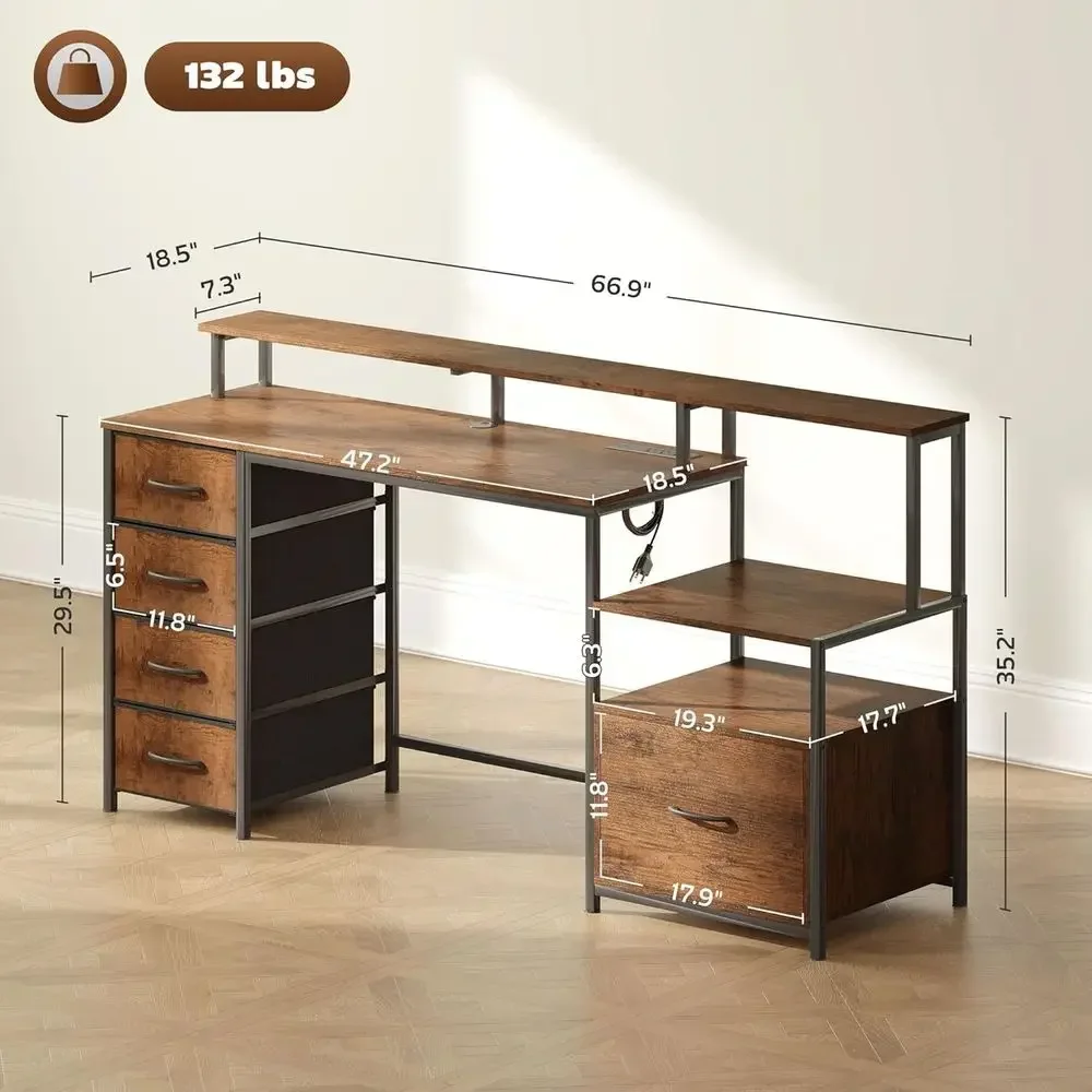 Rustic Brown 67 Gaming Desk with Drawers, Power Outlets, LED Lights, Monitor Stand & Printer Shelf