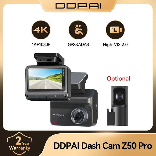 Kamera samochodowa DDPAI Z50 Pro 4K, dwukanałowy rejestrator DVR, 3-calowy ekran IPS, wbudowany GPS, WiFi, ADAS, noktowizor, monitoring parkowania 24H