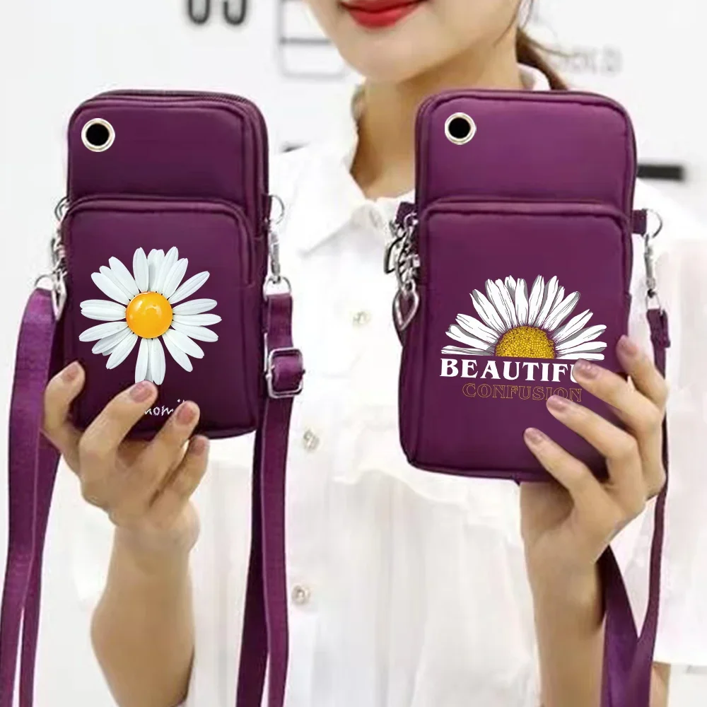 Portable Mobile Phone Shoulder Sling Pouch Daisy Print Adjustable Strap Crossbody Bag Daily Wallet Shoulder Bags