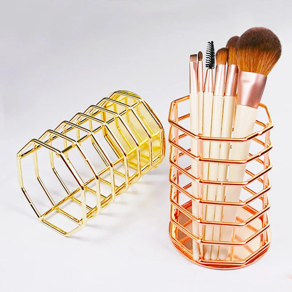 

1pc Metal Pen Holder Octagonal Hollow Design Desktop Storage Box For Stationery Pens Brushes Makeup Organizer Office Supplies