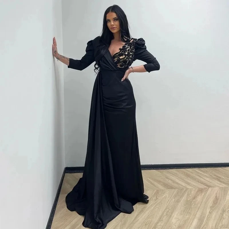 

Black Prom Evening Dresses Formal V-Neck Appliques Mermaid Night Party Dress Long Sleeve Floor Length Gowns فساتين سهرة