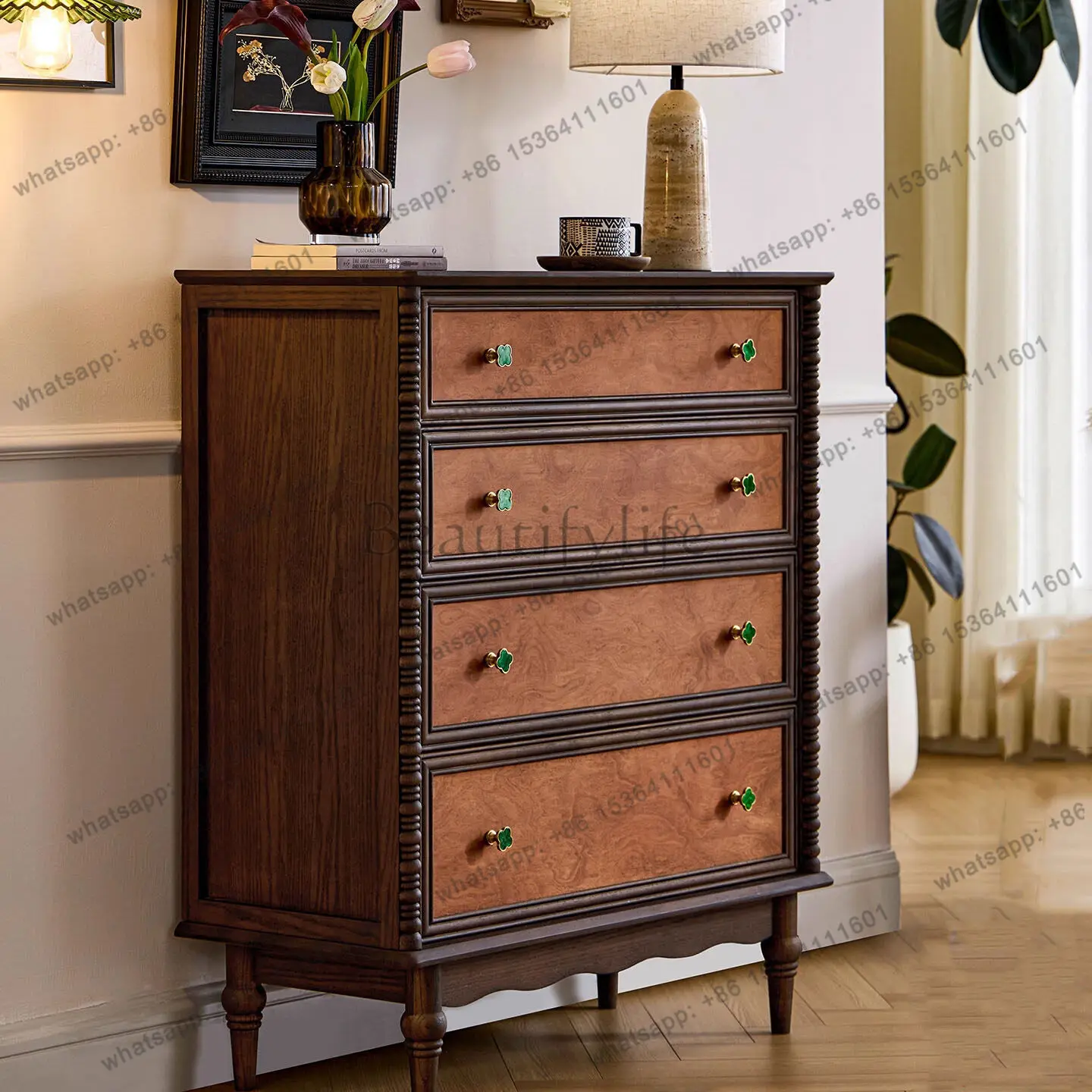 Medieval style household chest cabinet against the wall solid wood drawer bedroom storage cabinet