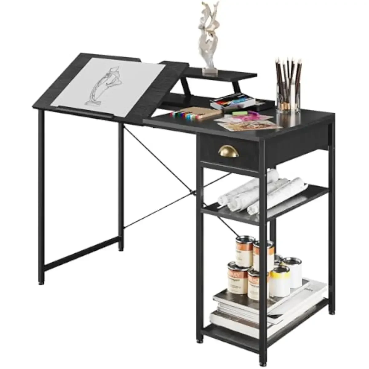 Adjustable 43 inch drafting workstation with tilting desktop up to 45 degrees, integrated removable monitor riser, dual-tier sid