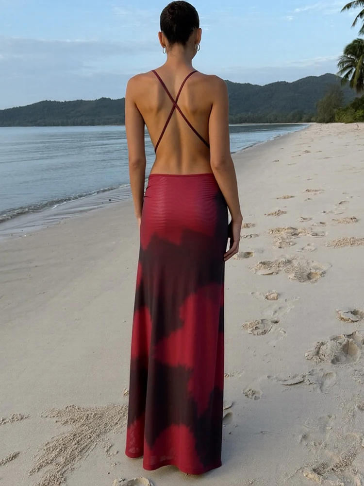 kliou Mesh Panelled Women Maxi Dress Sexy Thin Sheer High Split Halter V-neck Backless Straight Long Robe Mujer Vacation Wear