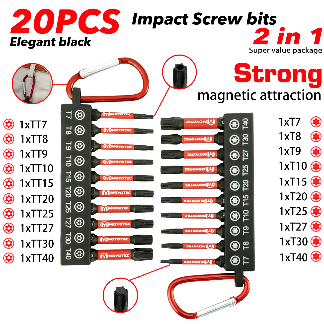 10/20 Stück Torx-Bits, Hohl-Torx-Schraubendreher-Bit-Set, 50 mm verlängert, aus gehärtetem S2-Stahl mit magnetischer Drehmomentanpassung, hohe Härte, bruchfest, tragbarer Hakenaufsatz, Zubehör für