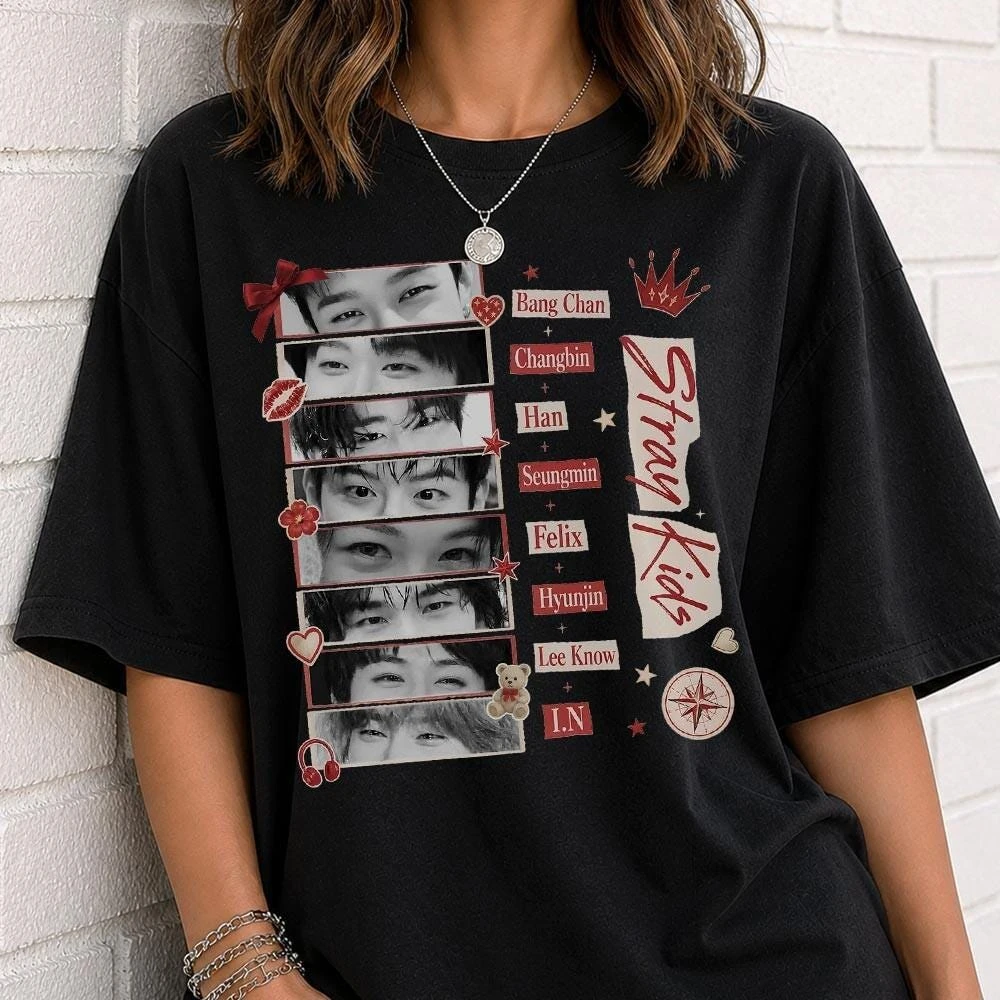 Stray Kids Members Eye Collage Shirt Kpop Fan Gift Support Cotton T-shirt 2026 Summer Men's Women's Streetwear Y2k Style
