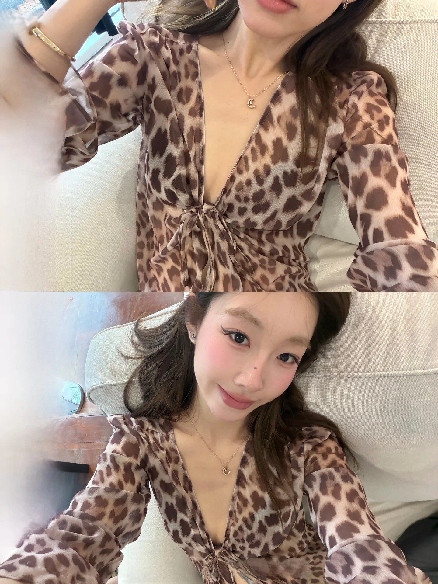 

Ranwear Romantic Small Shirt Leopard Print V-neck Translucent Sun Protection Loose Fit Long Sleeve Polyester Women's Shirt