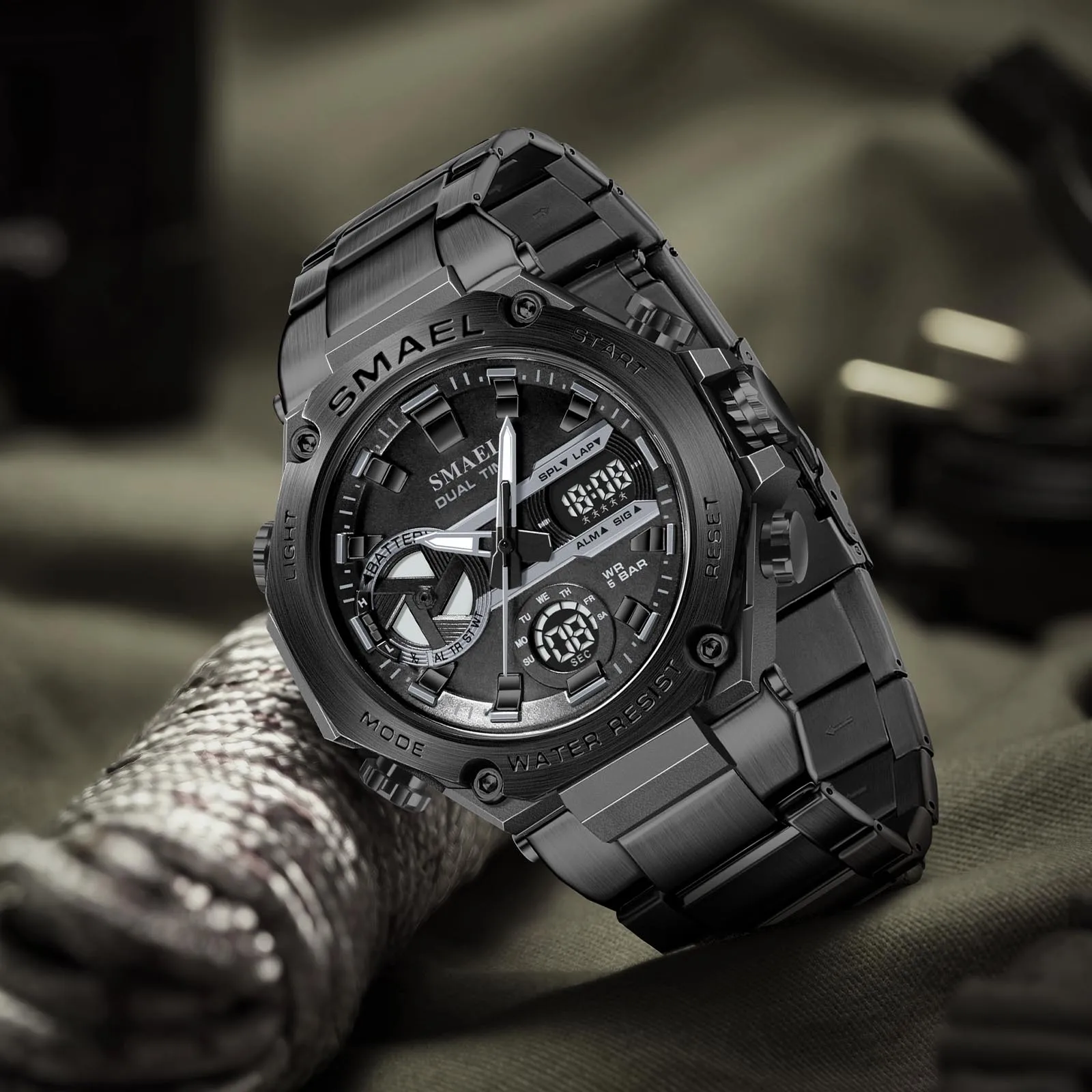 SMAEL Brand Fashion  8097 Stainless Steel Watch Sport Dual Time Luminous LED Display Quartz Digtal Watch For Men