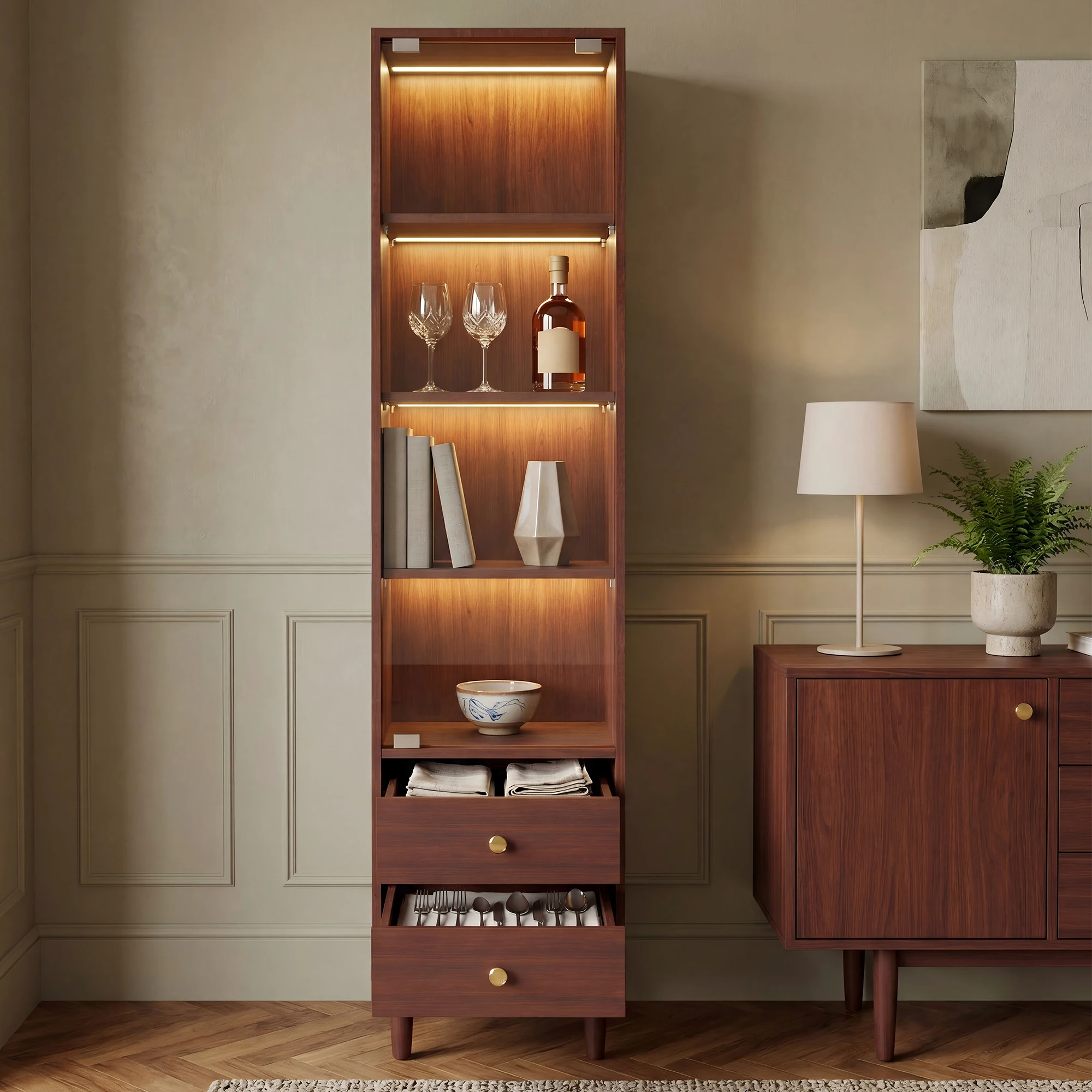 Armoire d'exposition rétro à LED 165x40x35cm avec porte en verre et 2 tiroirs, bibliothèque en bois avec poignées dorées, vitrine de collection pour salon