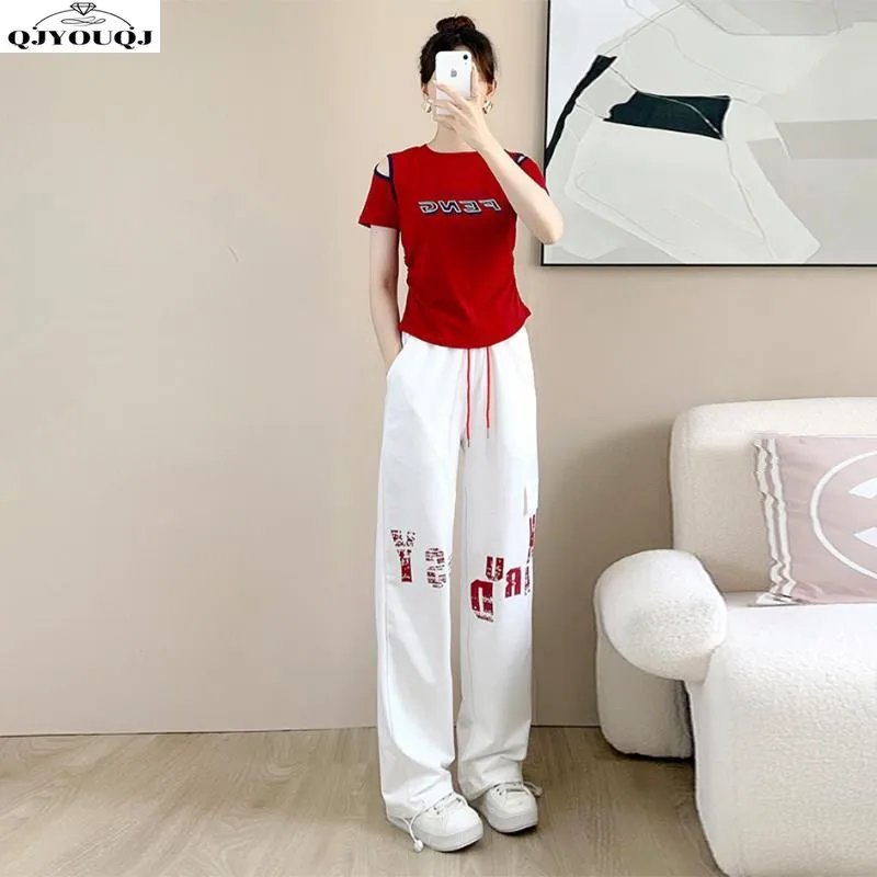 

Drag Dance Sports Leisure Set Women's Summer New Slim Short Sleeve+Fashionable Wide Leg Pants Two Piece Set Trendy