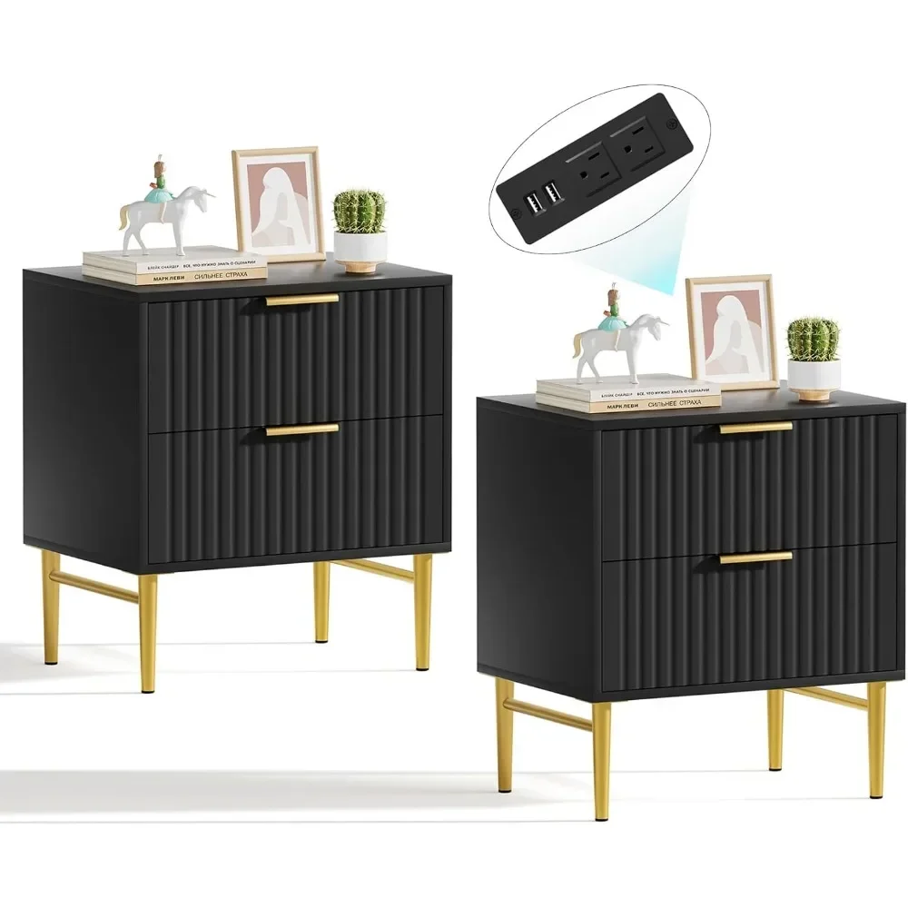 Nightstands Set of 2 with Charging Station, Bedside Table with Drawers, Fluted Black Nightstand with Gold Handle and Metal Legs