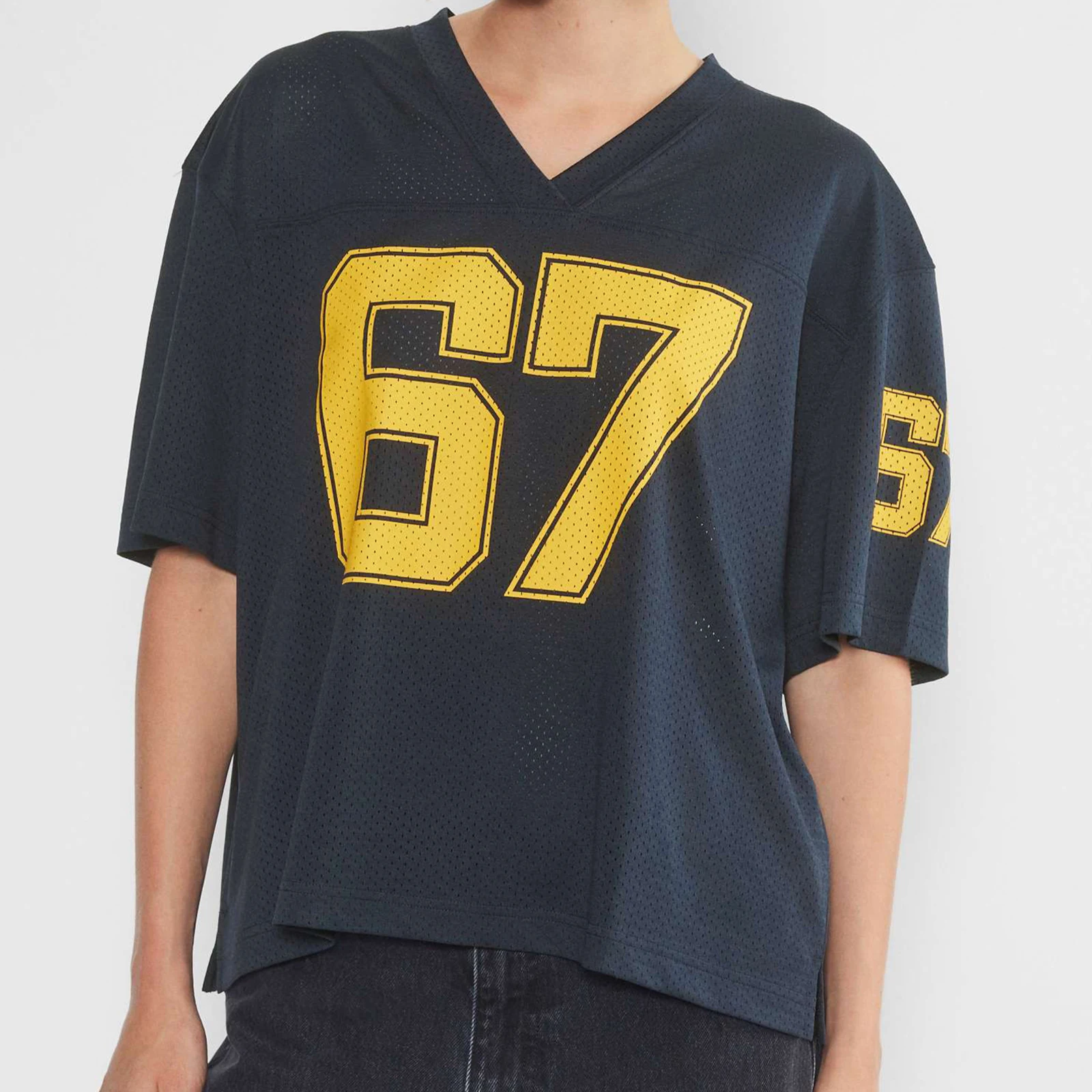 Women's Summer Casual Jersey Tee Short Sleeve Number Print V Neck Loose Fit Mesh Breathable Tops