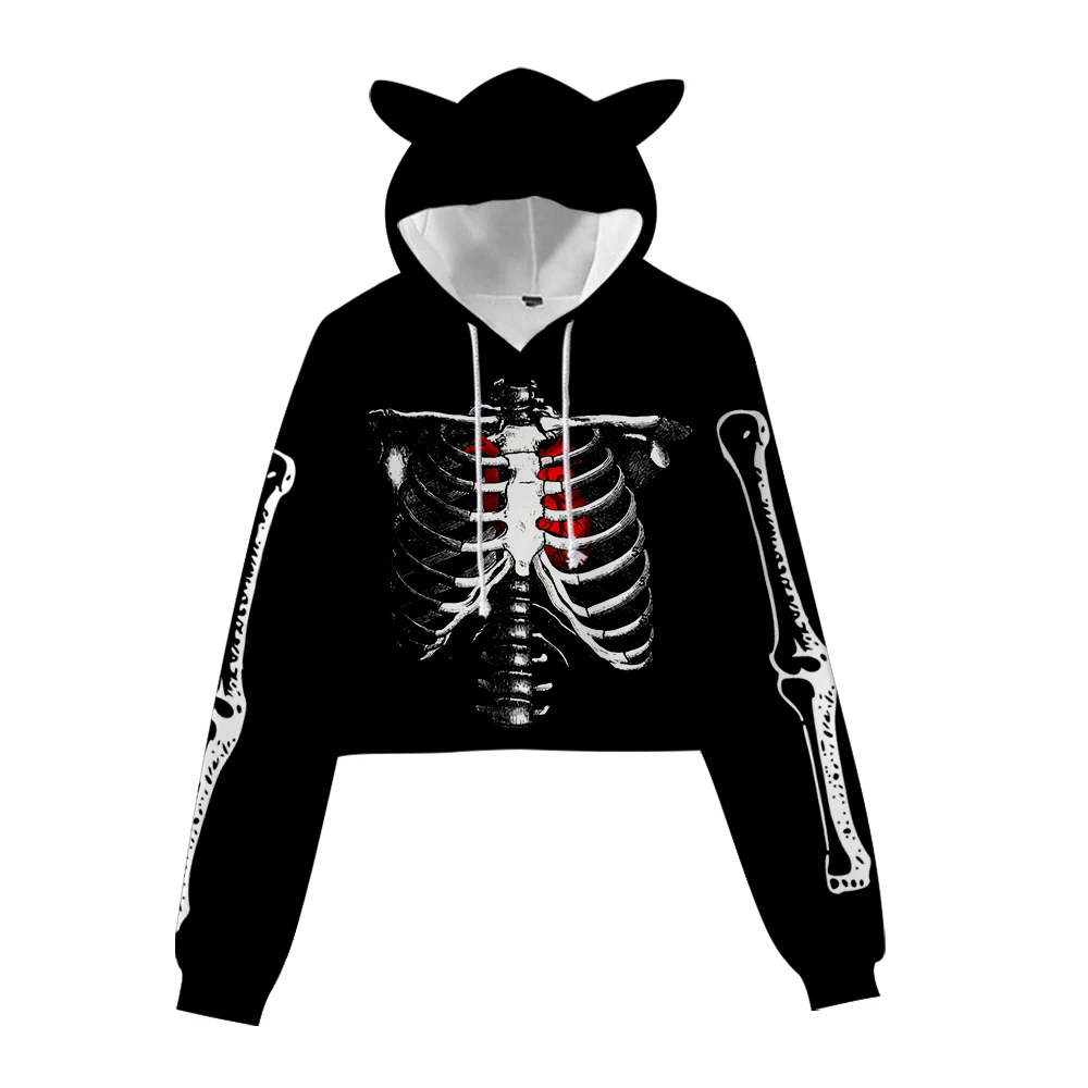 Hip hop Women Clothes Skeleton Skull Heart Cat Ears Crop Tops Women Casual Sexy Short Style Navel Hoodies Girls Sweatshirt 2024