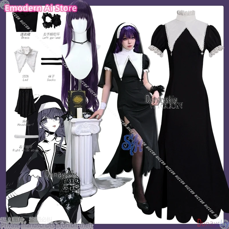 

Asahina Mafuyu Cosplay Anime Game Project Sekai Halloween Nun 코스프레 Black Vintage Goth Long Lolita 코스프레 Horror Jirai Kei Girls