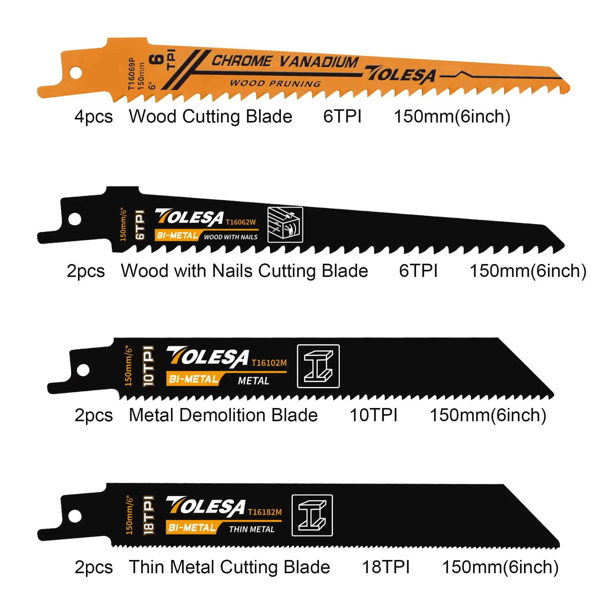 TOLESA 10PCS Reciprocating Saw Blades for Wood Pruning PVC Cutting for Metal Cutting Sawzall Blades for Window Door Demolition