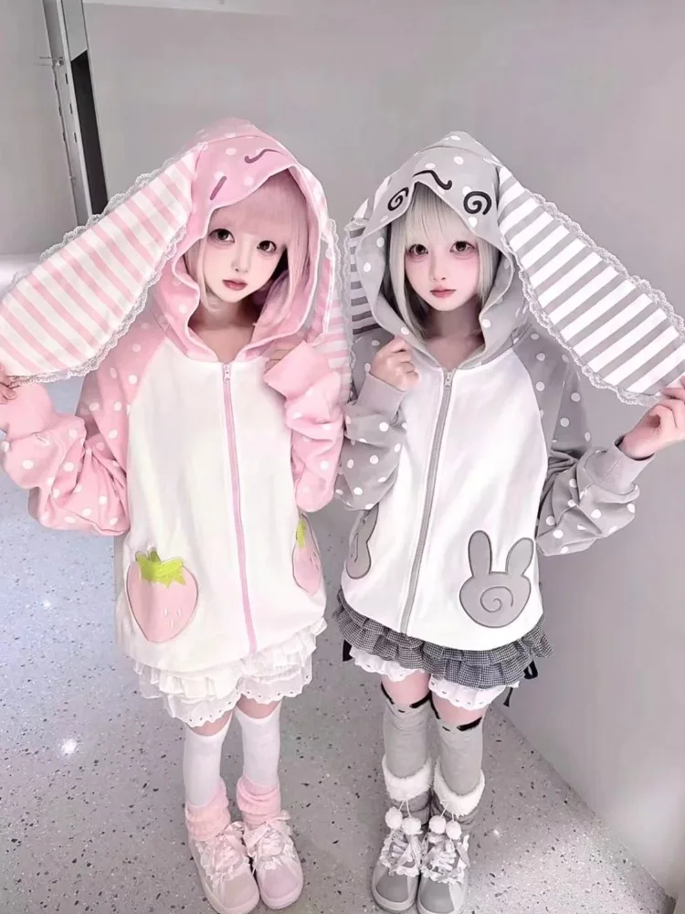Japanese Kawaii Sweatshirt Women Off Shoulder Cute Cartoon Y2k Aesthetic Grunge Lace Casual Hooded Pullover 2026 Fashion New