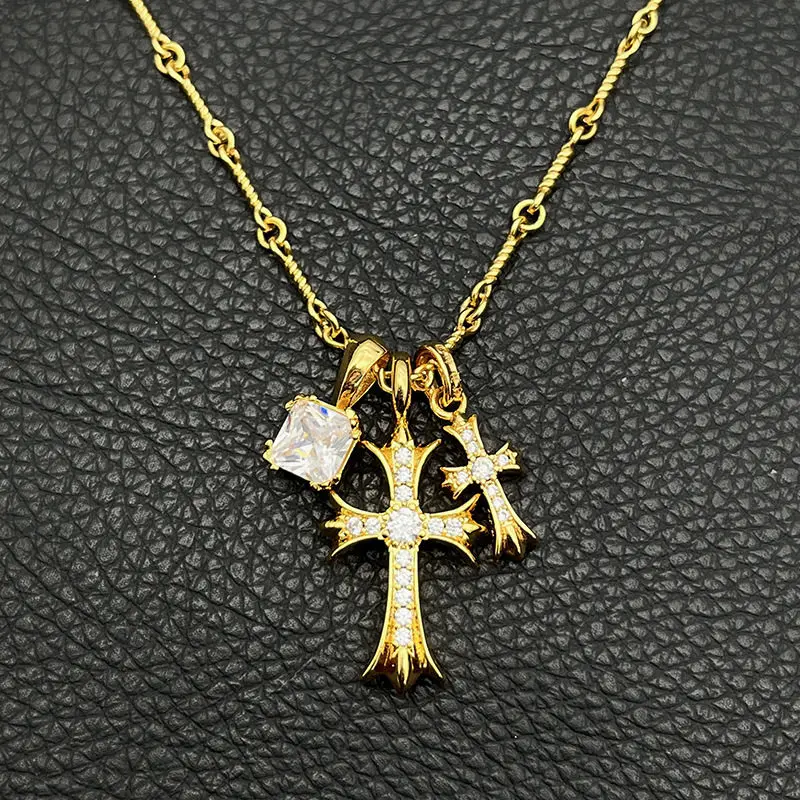

S925 sterling silver double cross necklace men's and women's colored diamond sugar cube pendant classic temperament versatile