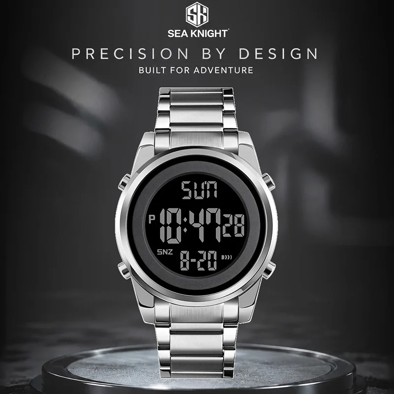 SEA KNIGHT Electronic Watch for Men Luxury Stainless Steel Strap Outdoor Sports Watch Man LED Luminous Digital Waterproof Clock
