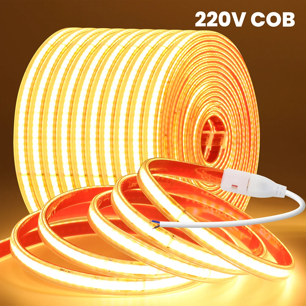 220V COB Strip Waterproof Bright 240LEDs/M Red Green Pink Warm Natural White Flexible Ribbon Tape RA90 Driver Build In LED Light