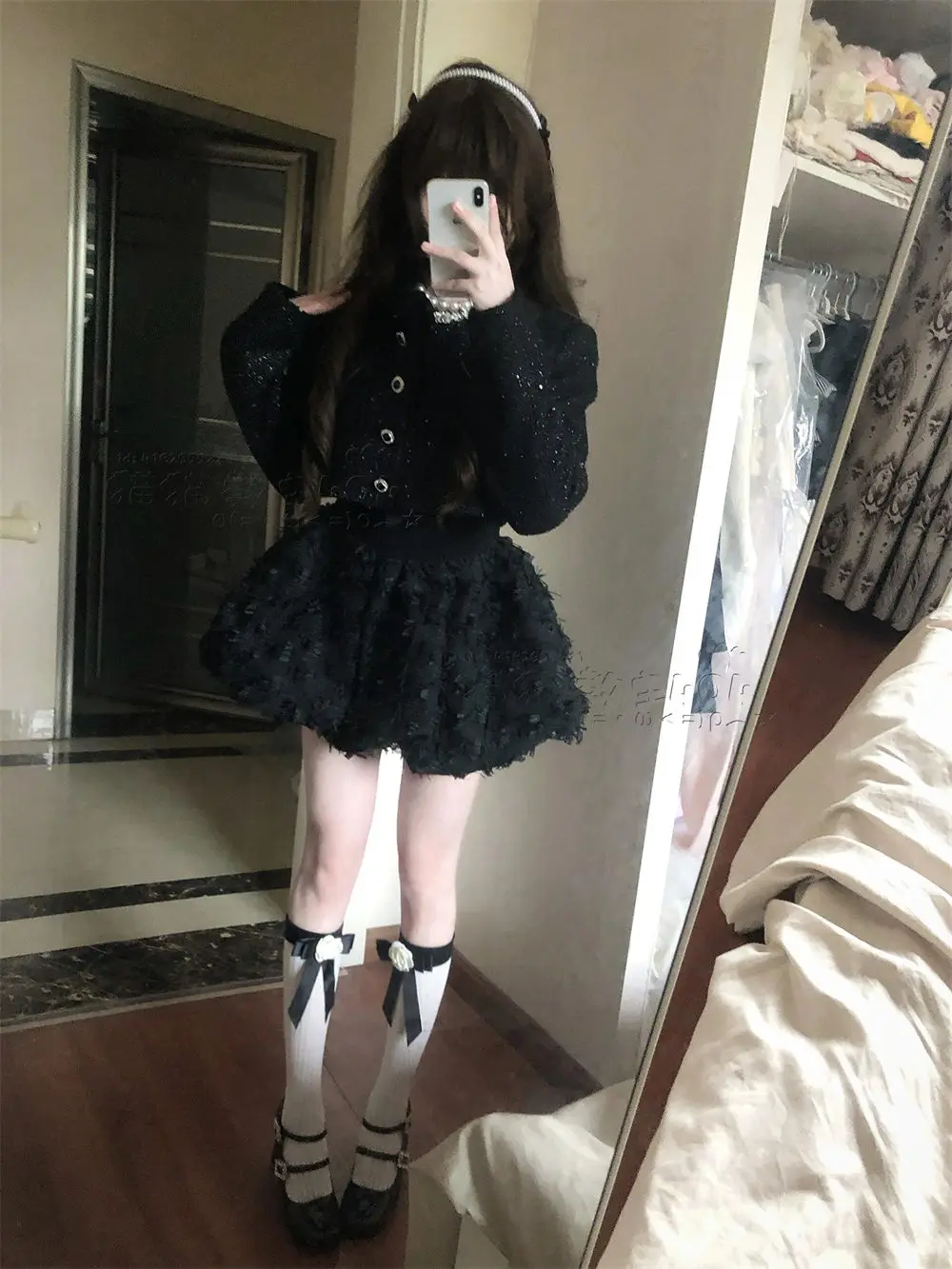 Gothic Lolita Outfit Set Women Black Sparkly Jacket+ Dress Elegant Two-Piece Suit Female Vintage Style Party Cosplay Costume