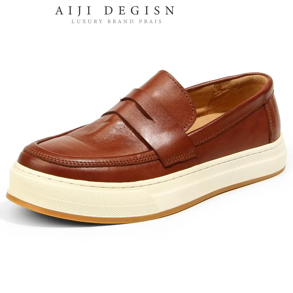 

High Quality Retro Washed Horsehide Casual Shoes Men's Loafers All Made Genuine Leather Brown Black