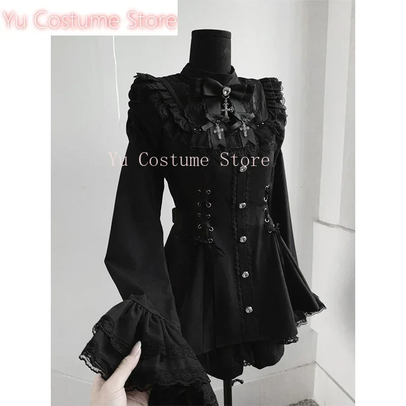 

Yu CostumeJapaneseMines Mass-produced Lace Horn Sleeve Saliva Towel Waist Dress Set Lolita Slim-fit Long-sleeved Top and Shorts