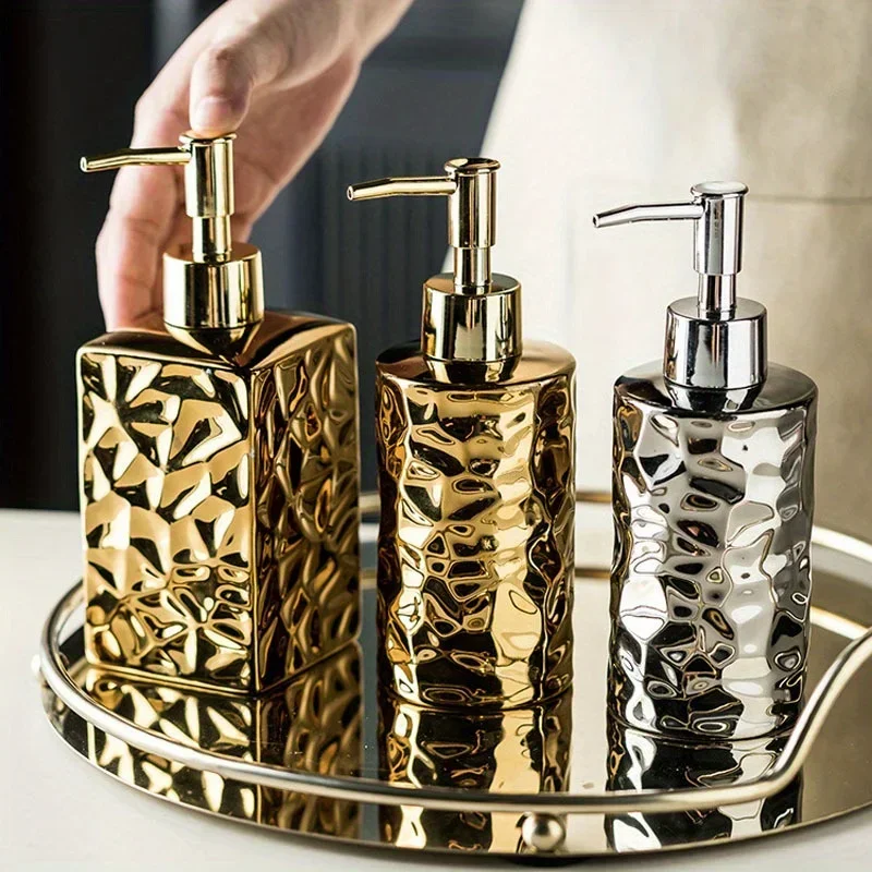 

280/380ML European Electroplating Gold Round Ceramic Lotion Bottle Press Hand Sanitizer Soap Dispenser Bathroom Shampoo