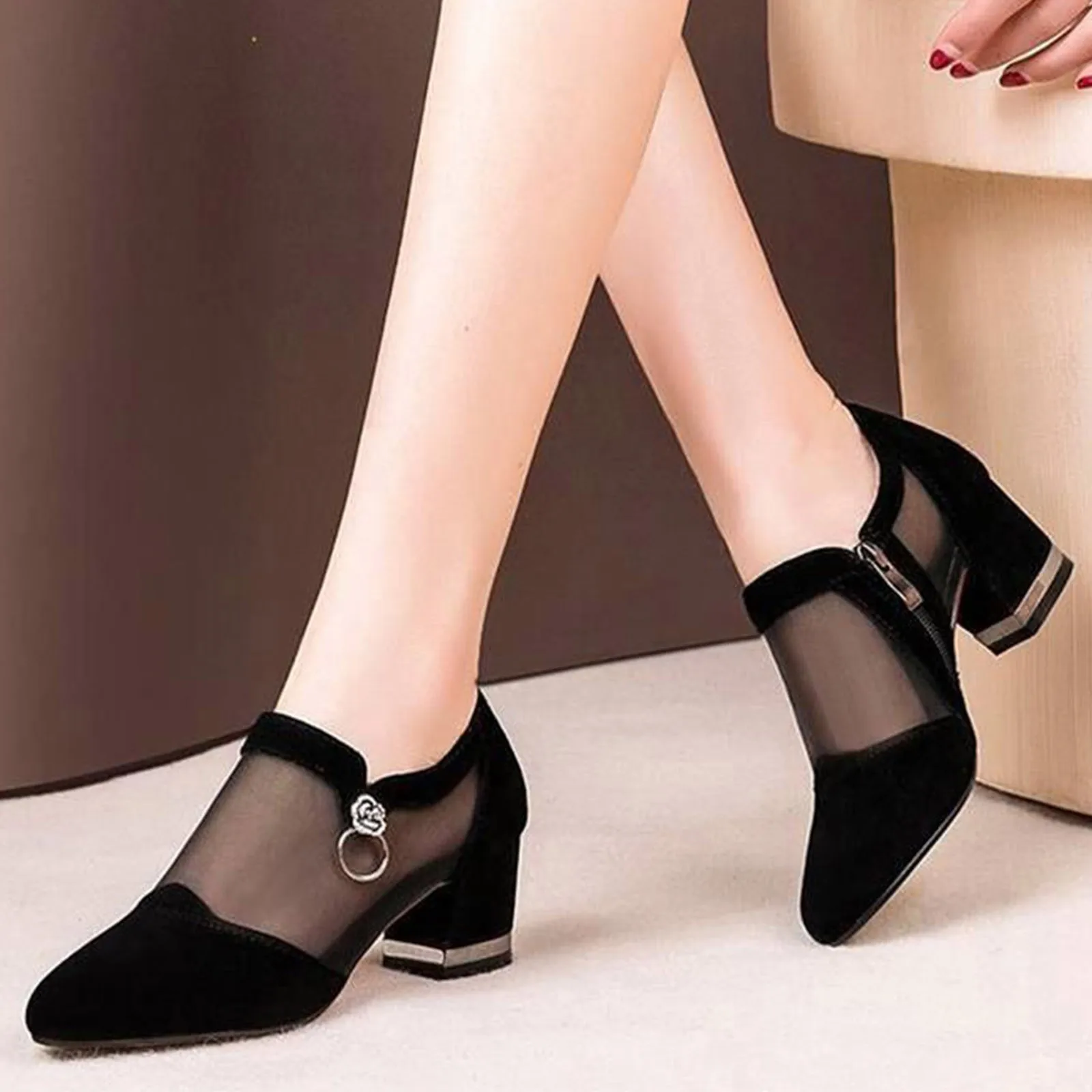 Mesh Women Shoes High Heel New Summer Shoes Breathable Pumps Zip Pointed Thick Heels Fashion Female Dress Shoes Elegant Footwear