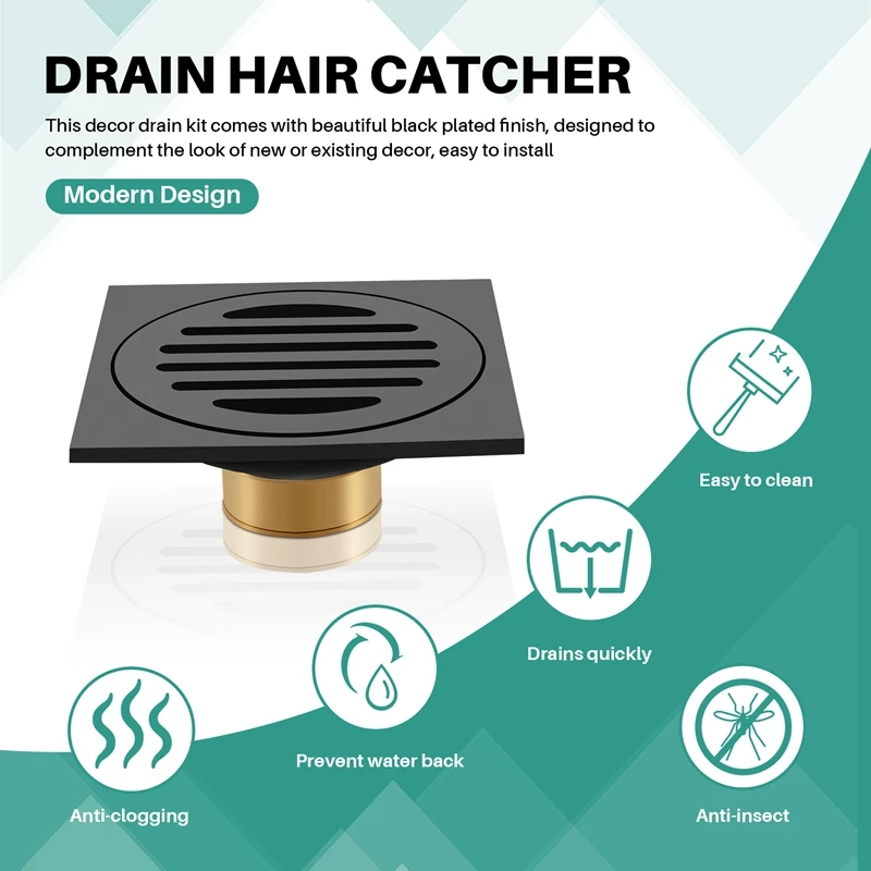 4 Inch Square Shower Drain With Removable Cover Grate, Brass Anti Clogging And Odor Point Floor Drain Assembly With Hair Catcher