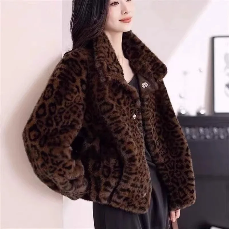 Leopard Print Fur Coat Women 2026 Autumn Winter Fashion Short Mink Jacket Thickened Warm Outerwear W1982