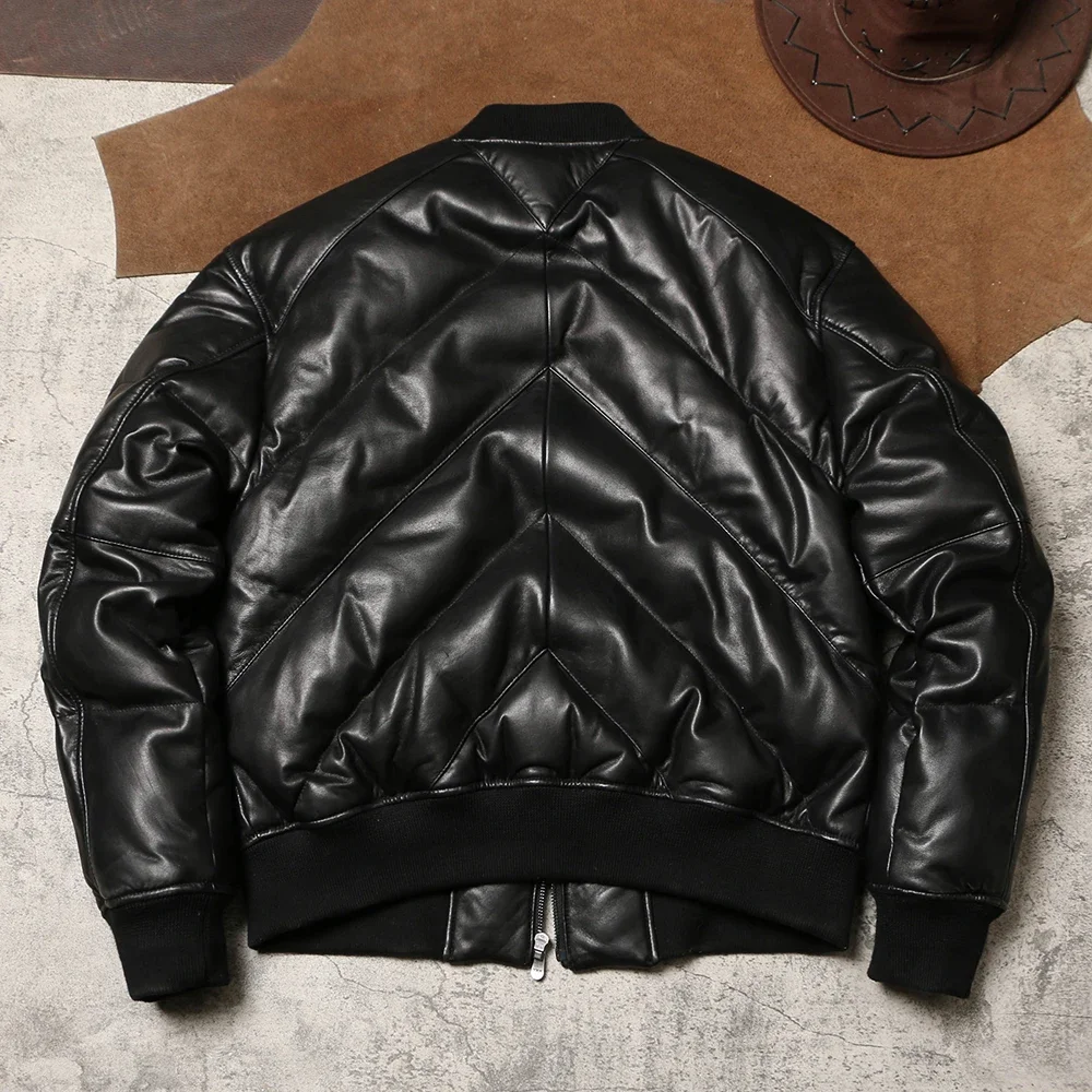 Sheepskin Down Jacket Hong Kong Style Wide Version Short Leather Coat Duck Down Baseball Uniform Leather Coat