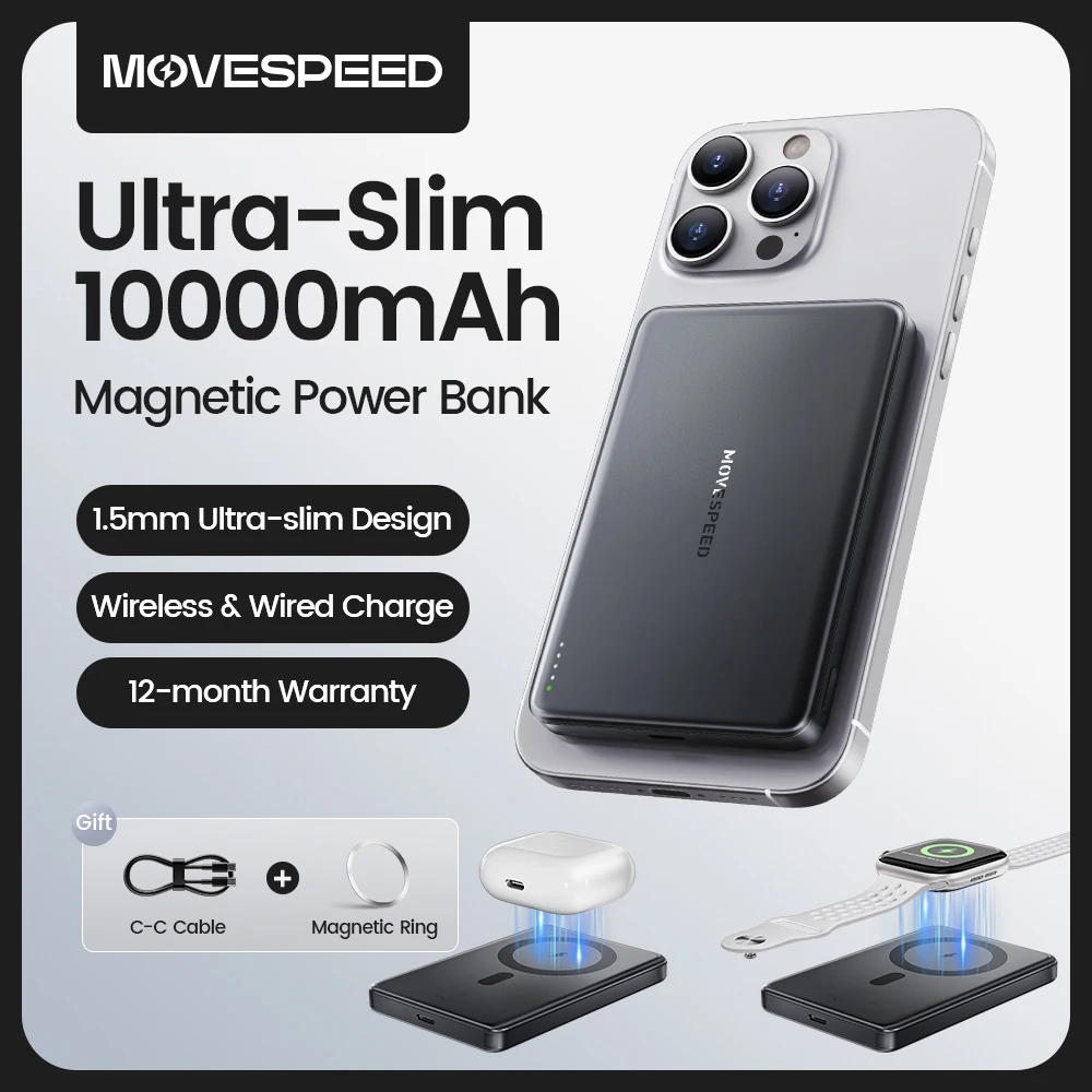 MOVESPEED-S10スリム磁気パワーバンク,ポータブル充電器,ワイヤレス外部バッテリー,iPhone 16,samsung,10000mah,pd20w用