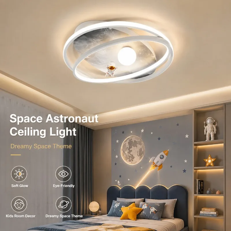 Modern Kids LED Ceiling Light 50cm Astronaut Space Theme 55W Dimmable Flush Mount Lamp for Boys Bedroom Nursery Playroom Decor