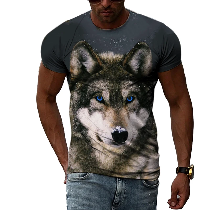 Summer Men\'s Fashion Personality T-shirt 3D Printing Ferocious Wolf Animal World Trend Street Style Round Neck Short-sleeved Top