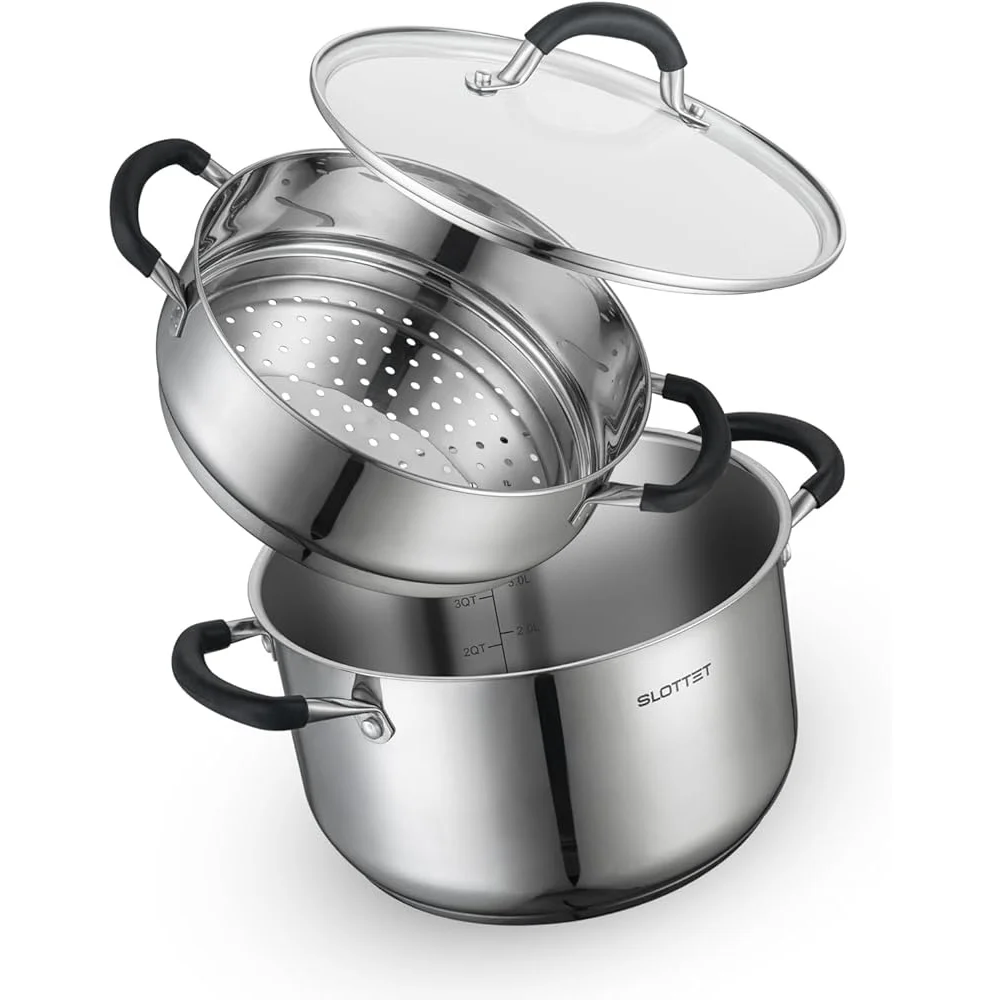 6 Quart Stainless Steel Stock Pot with Steamer Cool Handle Glass Lid Induction Gas Oven Safe Multi-Purpose Cookware Space Saving