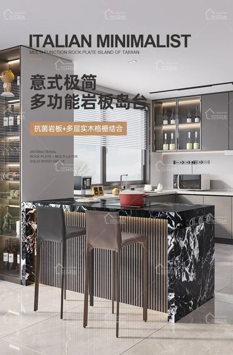A Minimalist rock slab island dining table integrated center guide down table separate open kitchen bar table