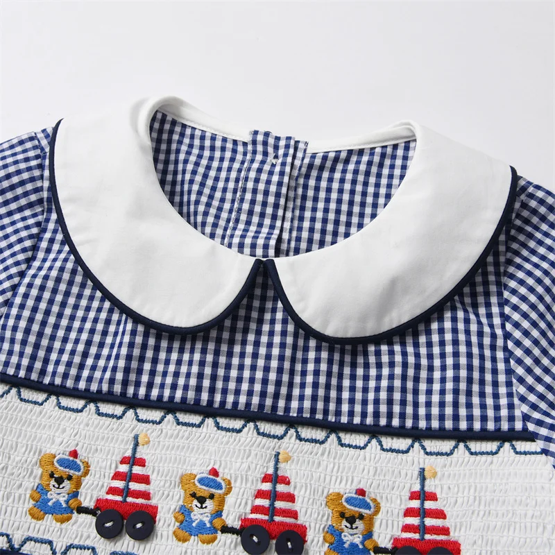 2024 Spanish Newborn Baby Boys Summer Rompers Kids Boutique Cartoon Handmade Embroidery Plaid Bodysuit Children Smocked Outfit