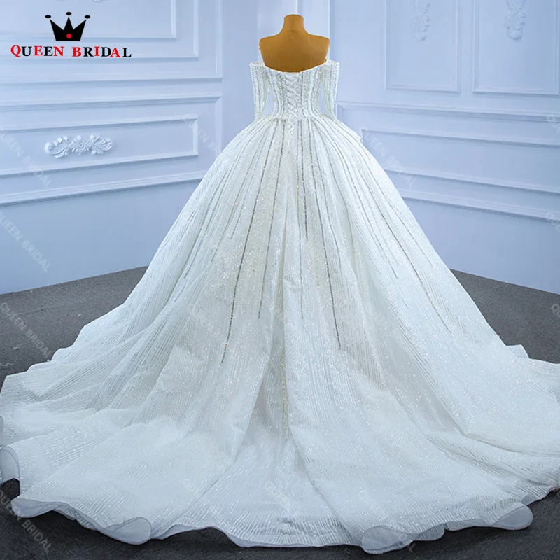 Wedding Dress Luxury 2023 Long Sleeves Boat Neck Bridal Gown Beading Pearls Crystal Ball Gown Lace Up Bride dress Customize XX29