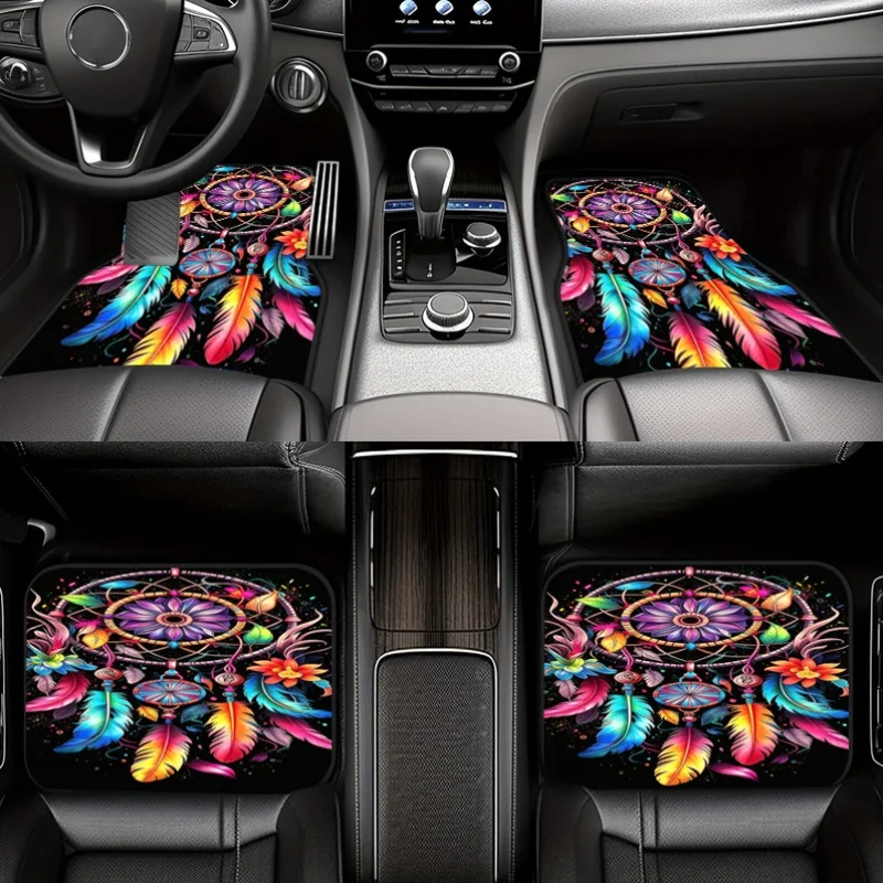 4pcs Polyester Fiber Luminous Dream Net Floral Feather Printed Car Floor Mats, Practical Car Interior Decoration Additions